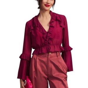 Anthropologie bell sleeve semi sheer ruffles top size M excellent condition